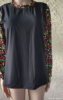 Betsey Johnson Black Rash Guard Top with Strawberries Flowers  Sleeves